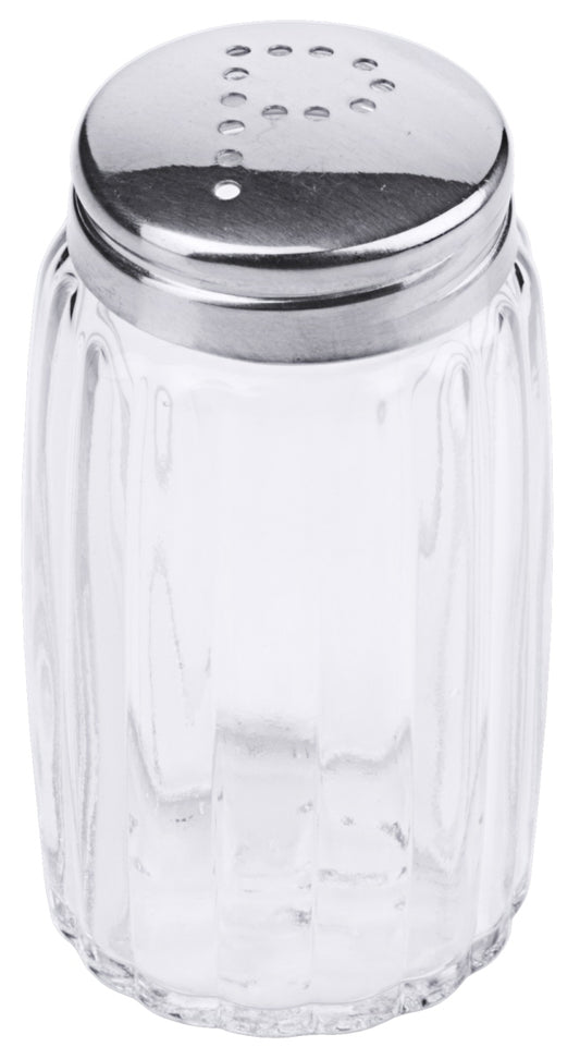 Salzstreuer aus Glas und Metall.