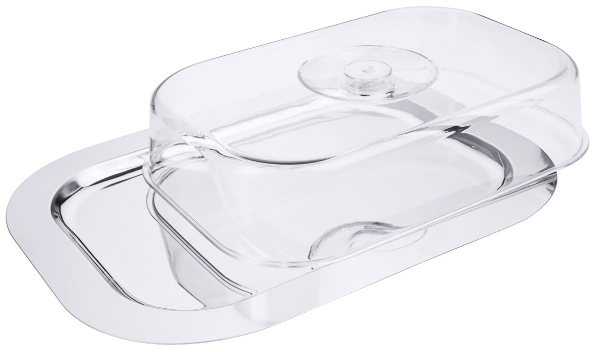 Transparente Butterdose mit Deckel.