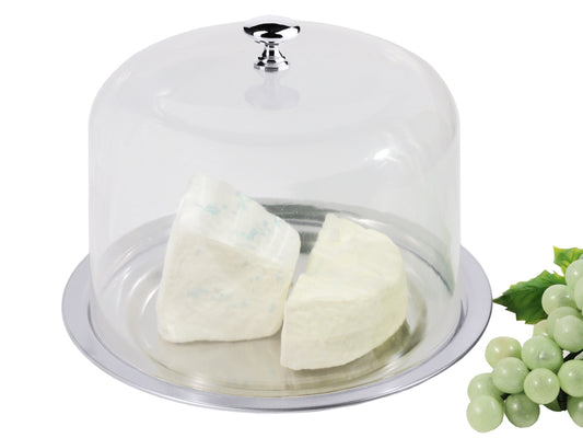 Käseglocke mit Käse und Trauben.