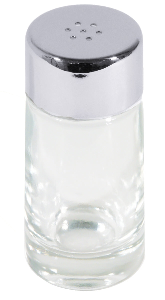 Salzstreuer aus Glas und Metall.