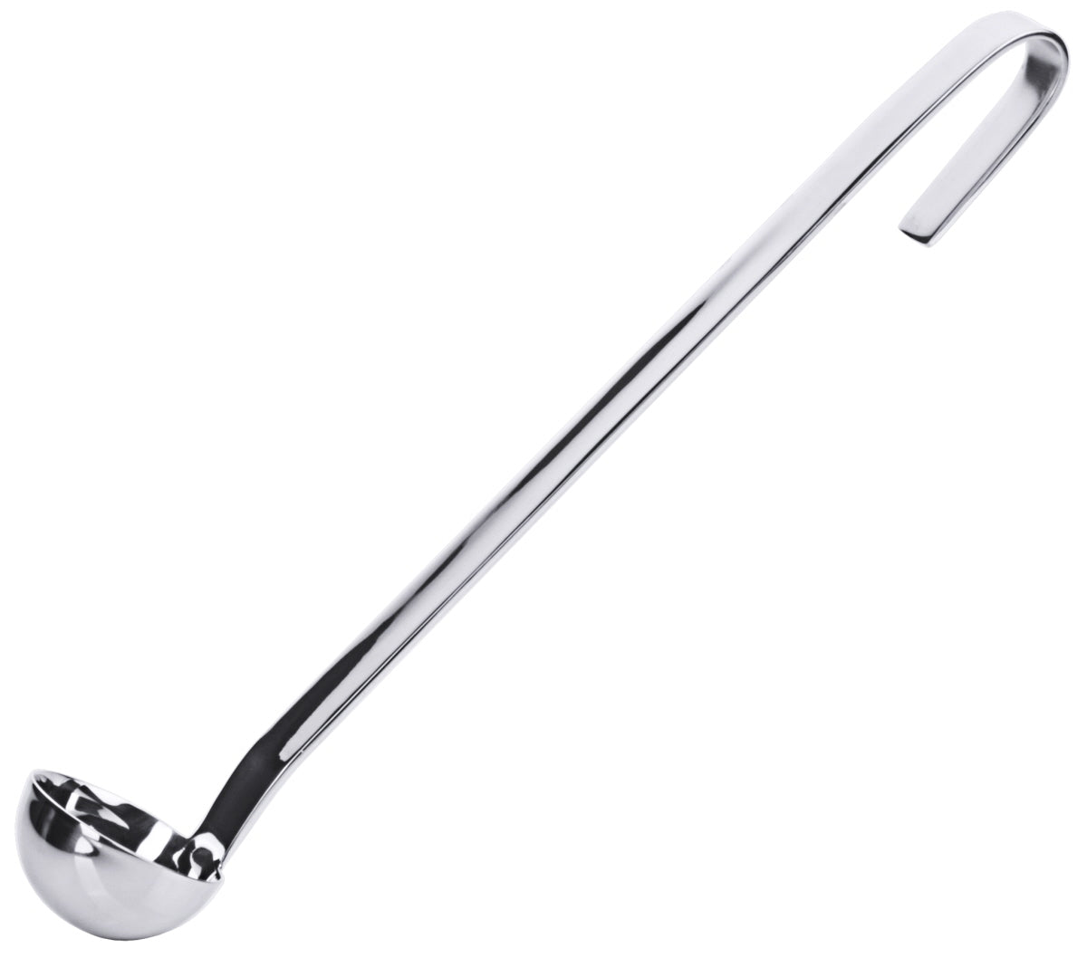 Silberne Suppenkelle mit Haken.