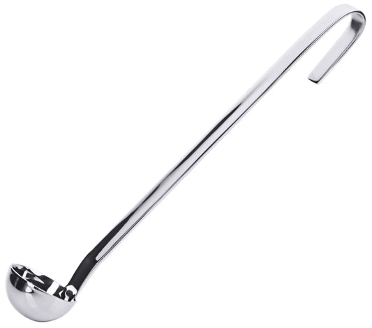 Silberne Suppenkelle mit Haken.