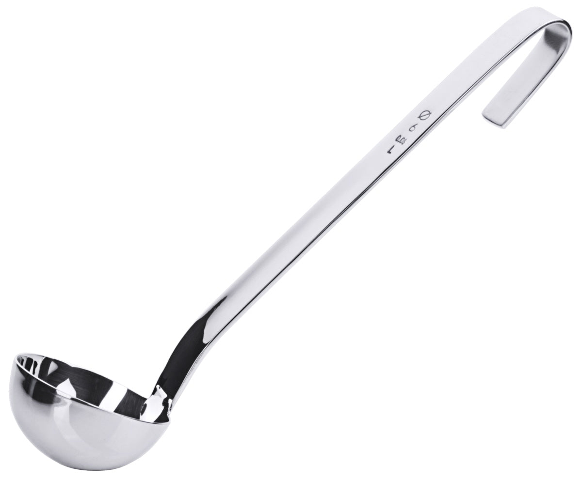 Silberne Suppenkelle mit Haken.
