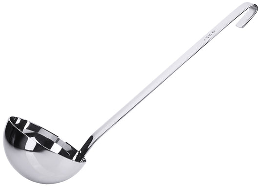 Silberne Suppenkelle mit Haken.