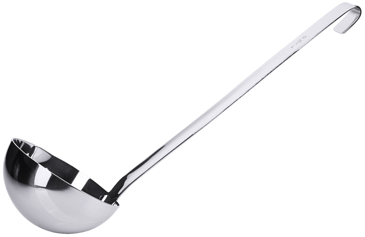 Silberne Suppenkelle mit Haken.