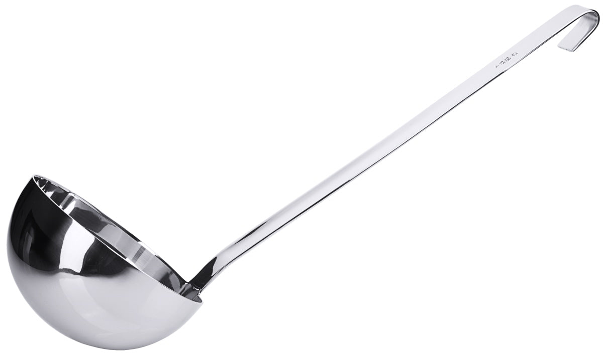 Silberne Suppenkelle mit Haken.