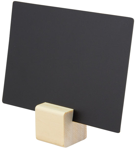 Schwarze Tischtafel mit Holzständer