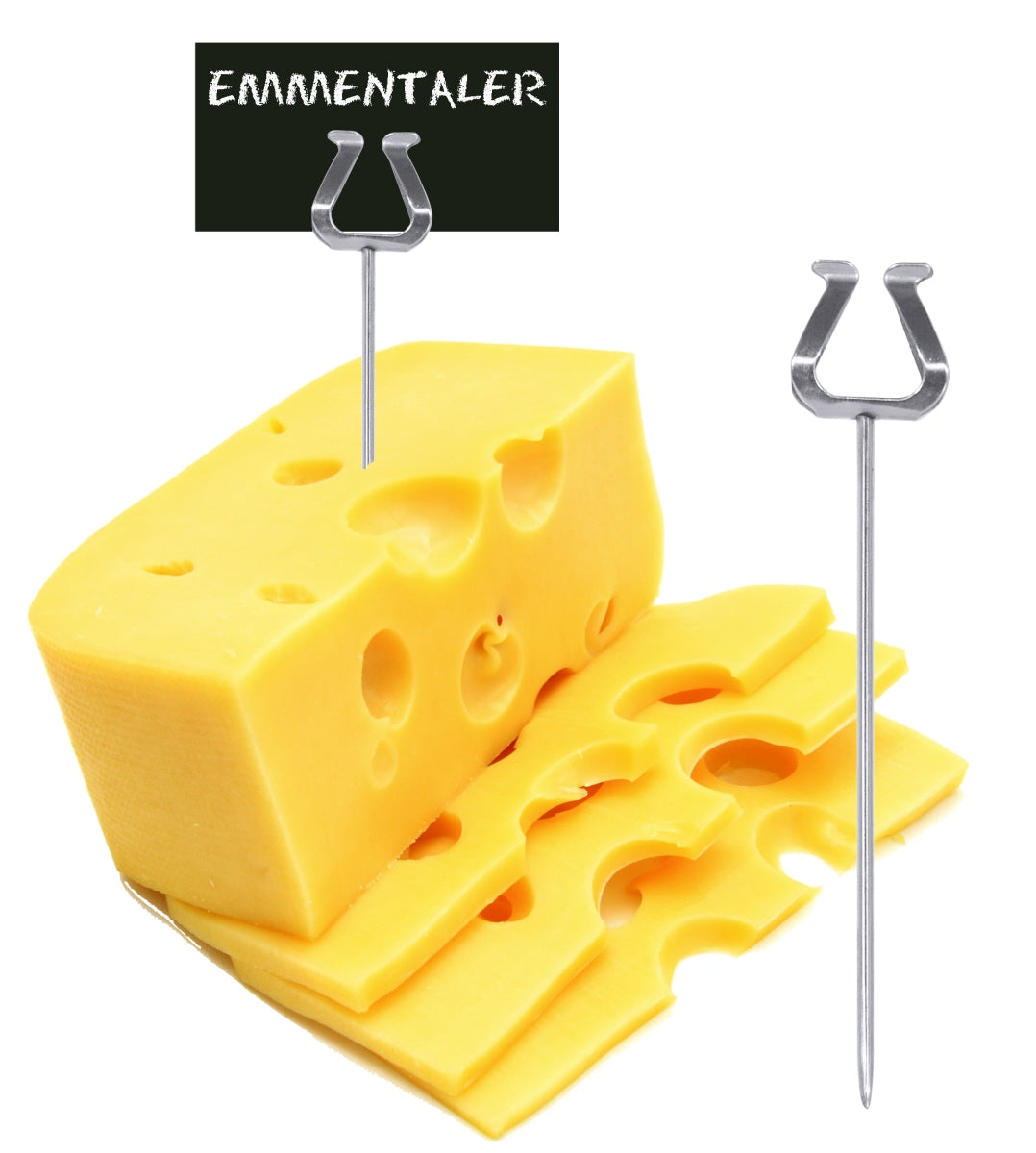 Käse mit Spieß und Schild.