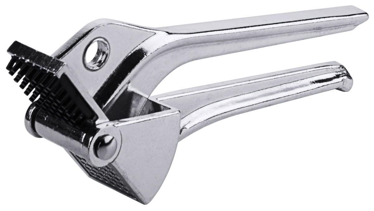 Knoblauchpresse aus Metall, silber.