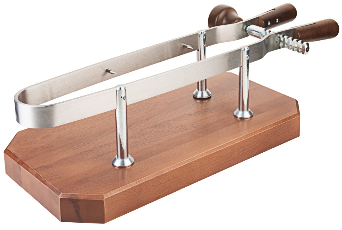 Schinkenhalter aus Holz und Metall.