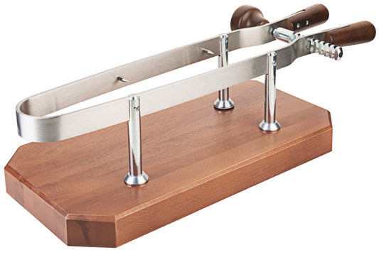 Schinkenhalter aus Holz und Metall.