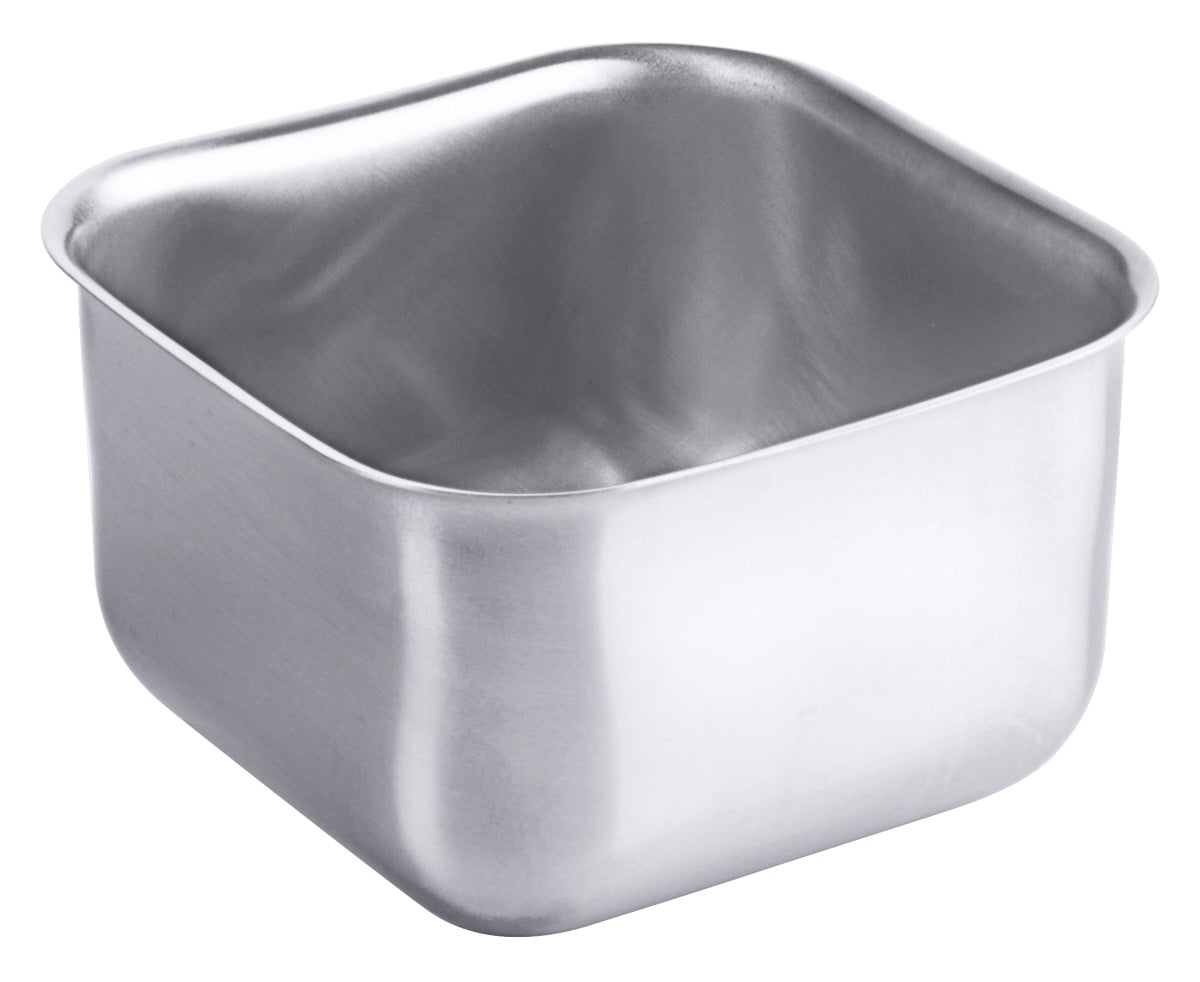 Eckige Metallschale aus Edelstahl.