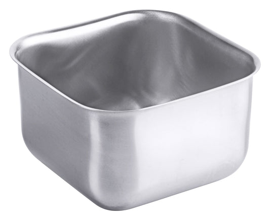Eckige Metallschale aus Edelstahl.