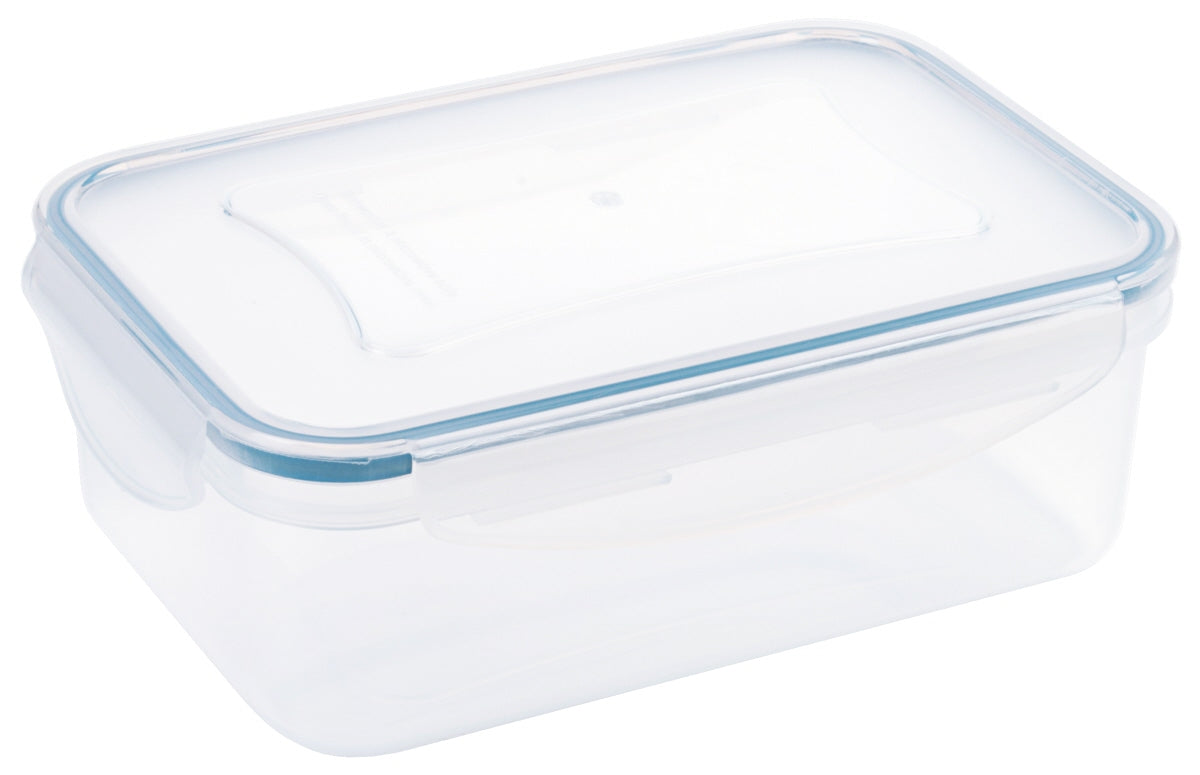 Transparente Kunststoff-Aufbewahrungsbox mit Deckel.