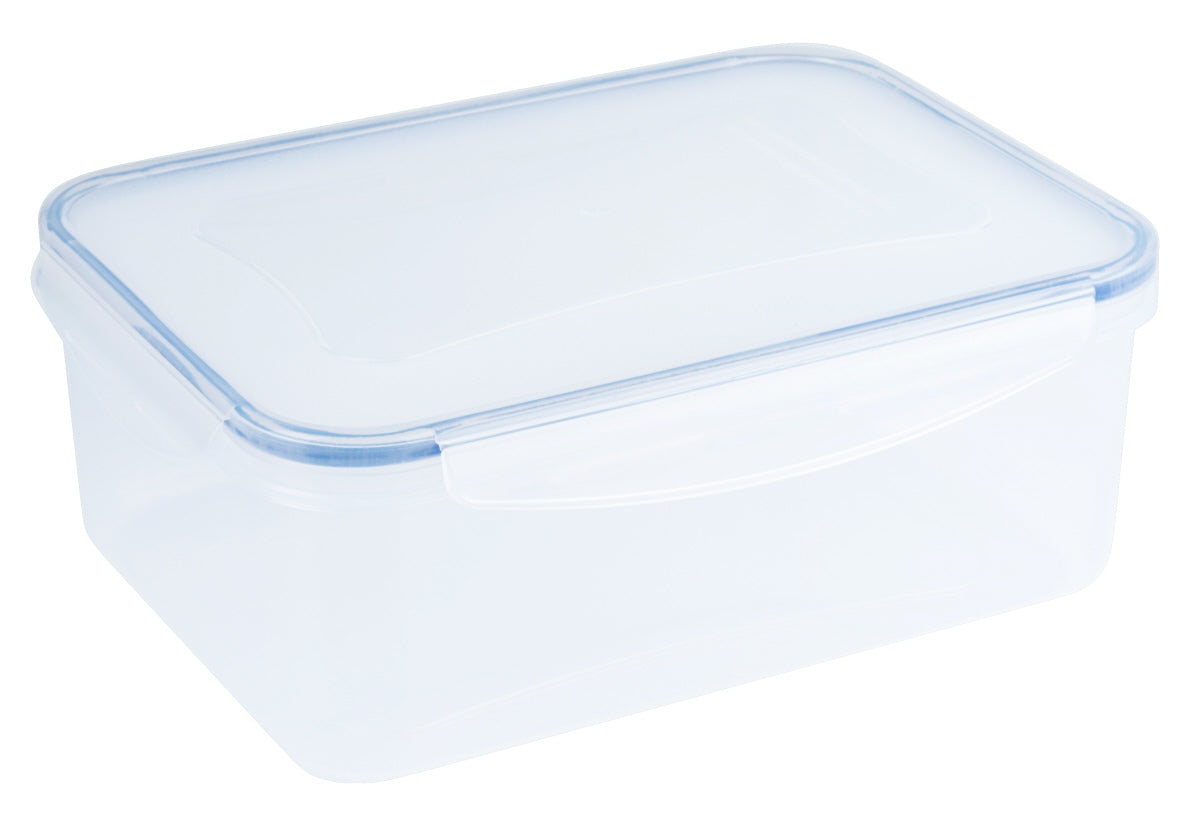 Transparente Kunststoff-Aufbewahrungsbox mit Deckel.