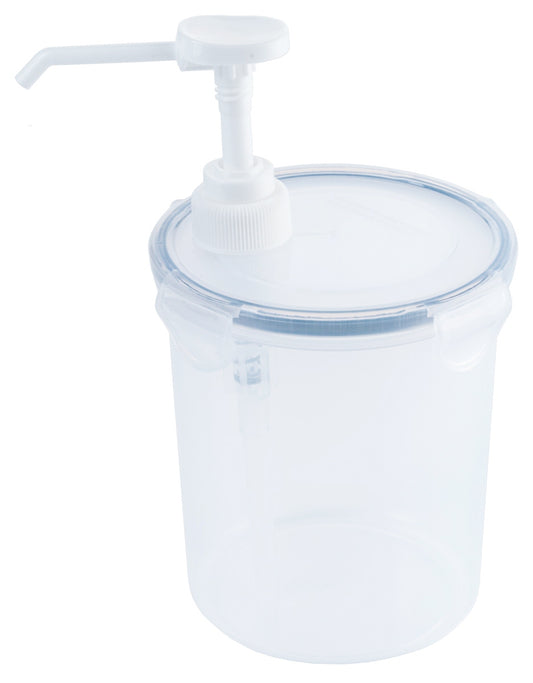 Transparenter Spenderbehälter mit Pumpe.
