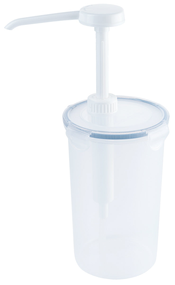 Transparenter Spenderbehälter mit Pumpe.