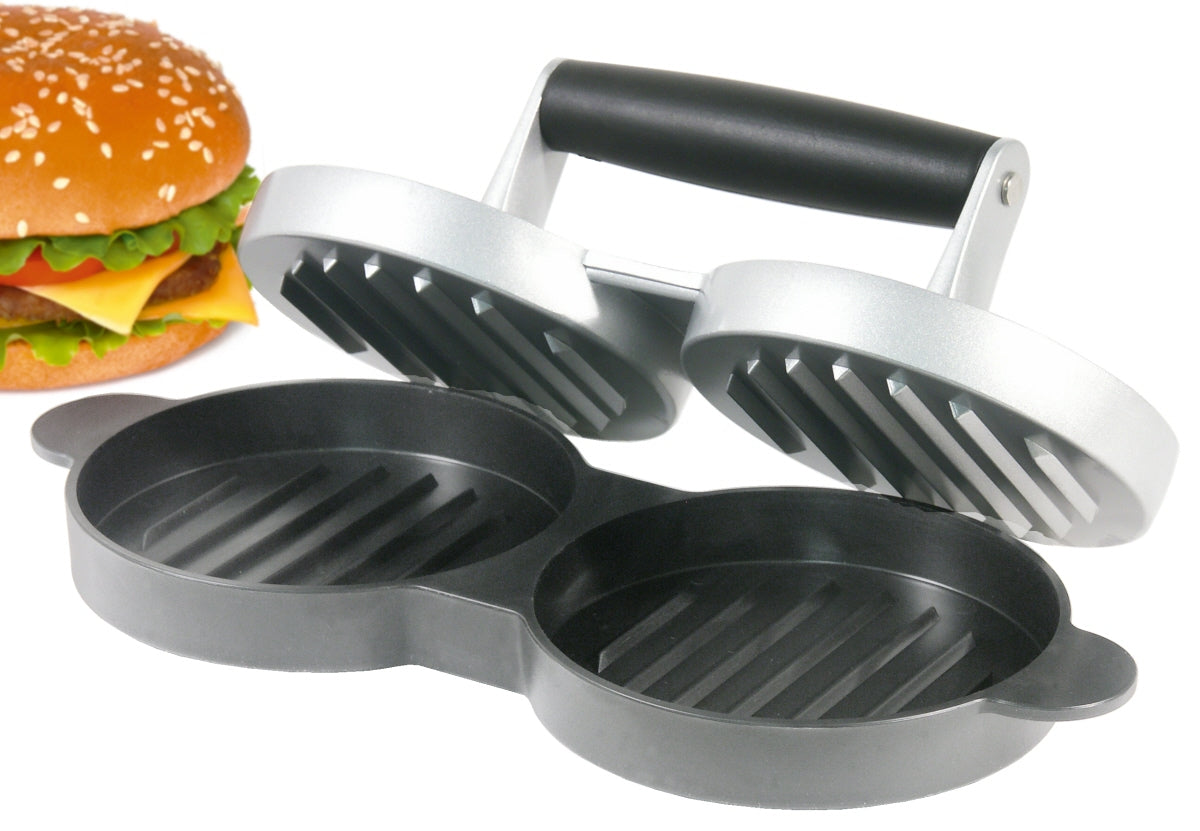 Doppel-Burgerpresse mit Burger-Abbildung.