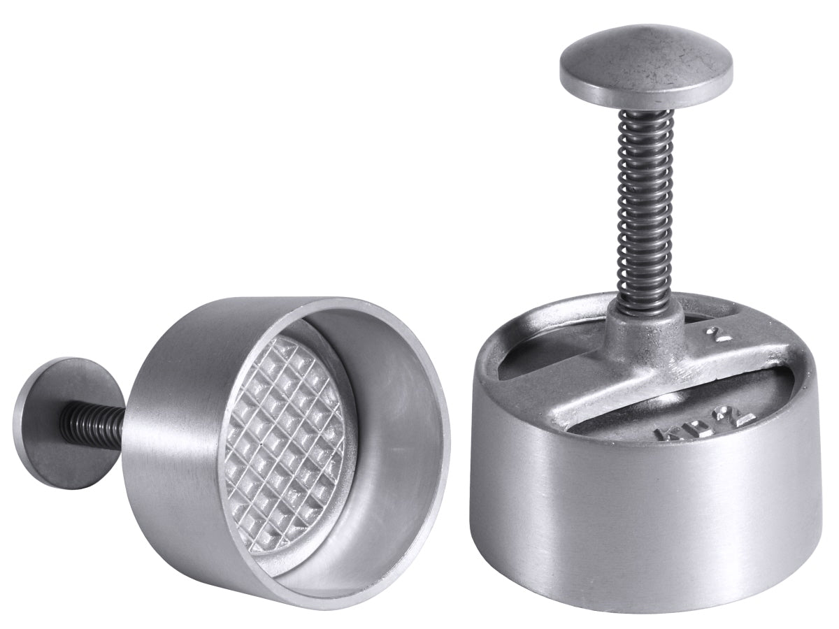 Burgerpresse aus Metall, zweiteilig.