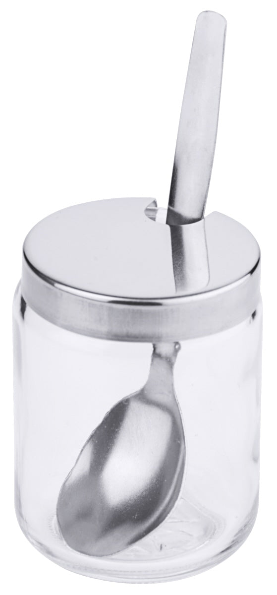 Glasbehälter mit Löffel und Deckel.