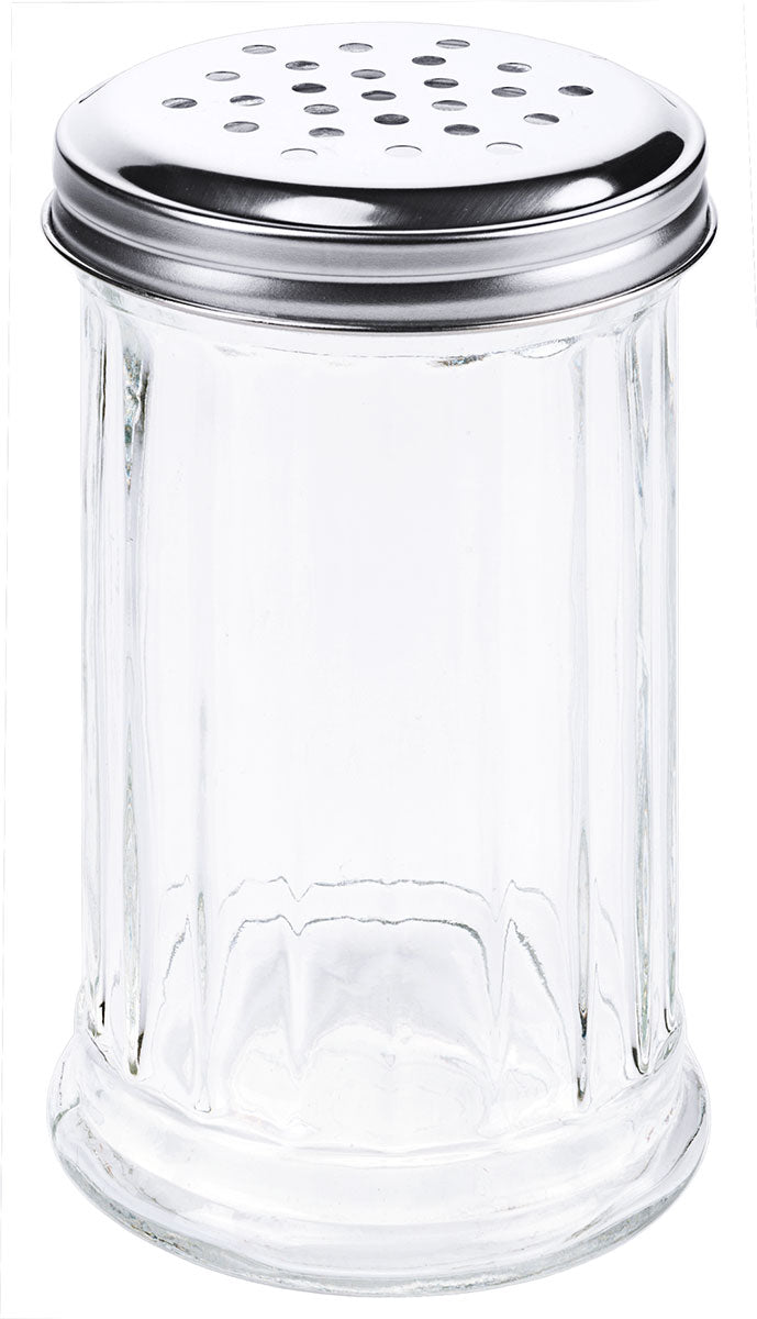 Streuer aus Glas und Metall.