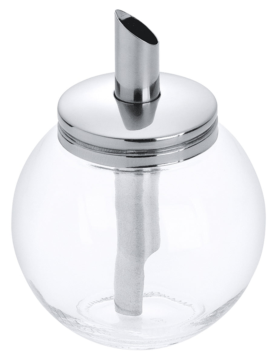 Zuckerspender aus Glas und Metall.