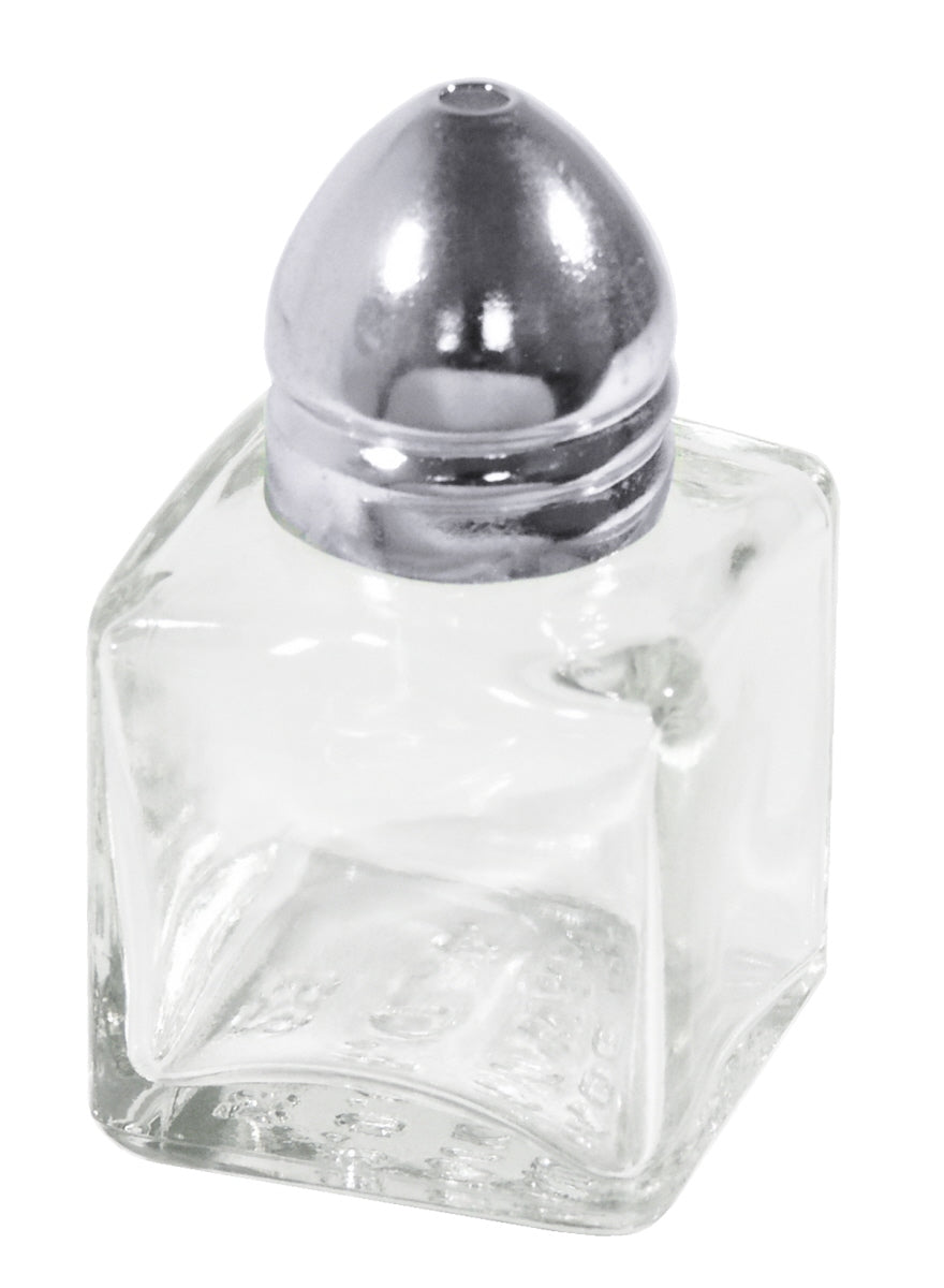 Salzstreuer aus Glas und Metall.