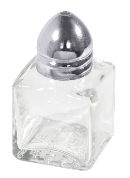 Salzstreuer aus Glas und Metall.