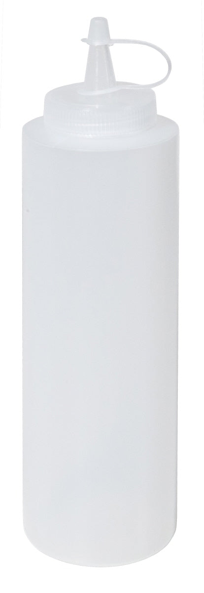 Transparente Quetschflasche mit Deckel.