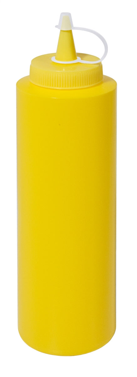 Gelbe Squeeze-Flasche mit Deckel.