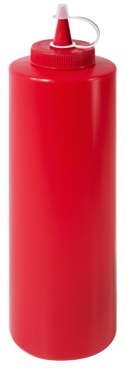 Rote Saucenflasche mit Deckel.