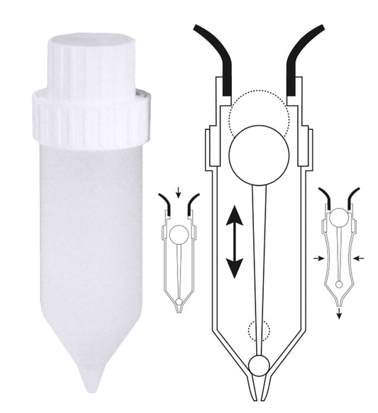 Dosierflasche mit technischem Diagramm.