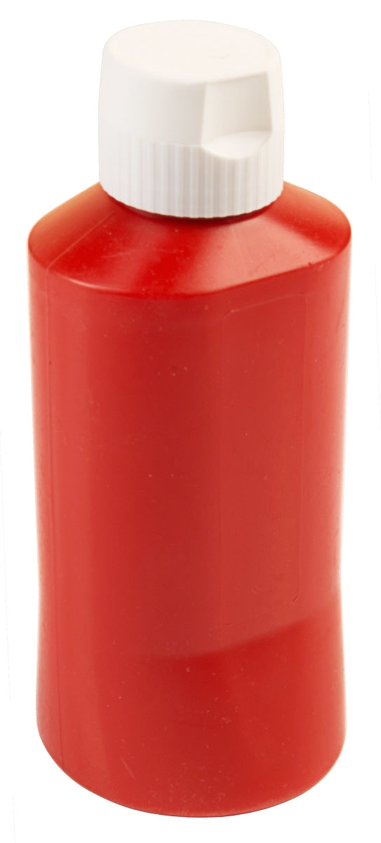 Rote Plastikflasche mit weißem Deckel.
