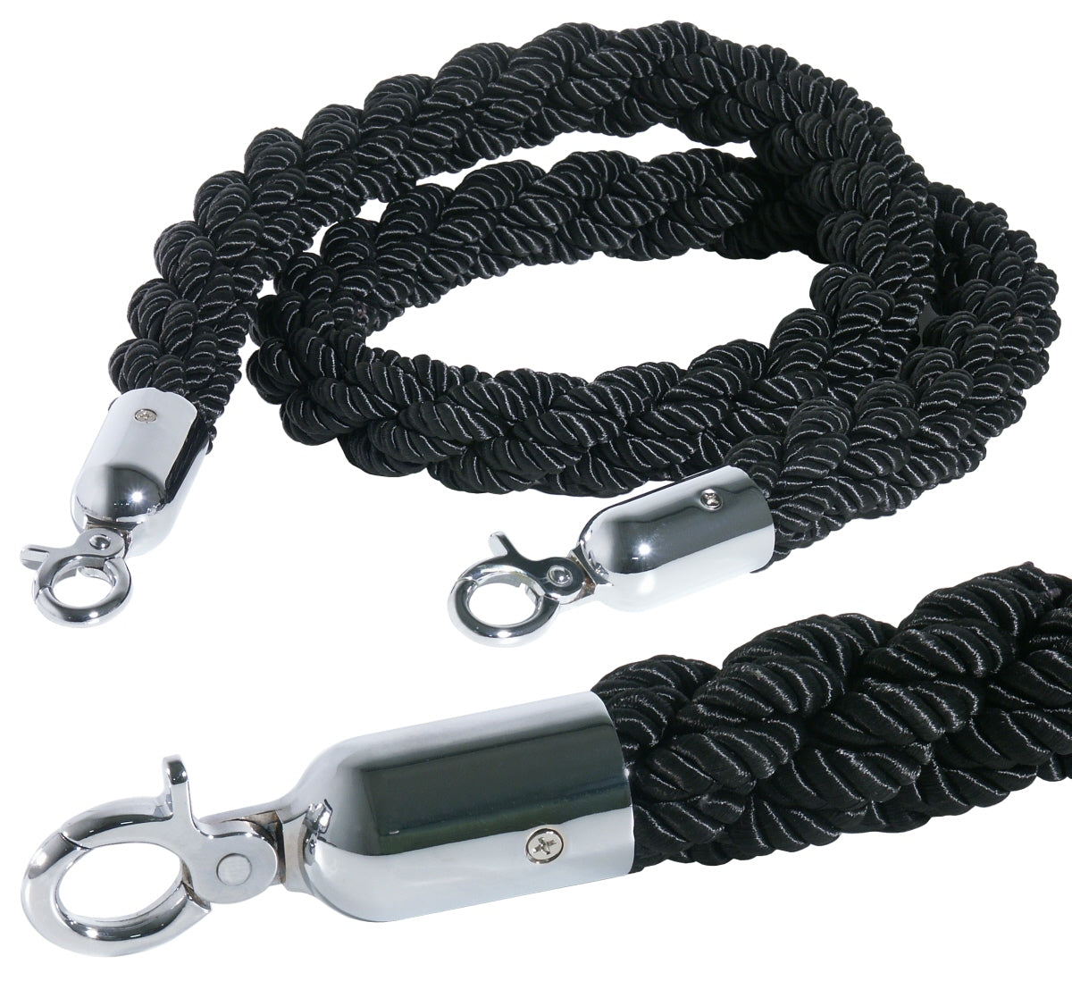 Schwarze Absperrseile mit Haken.