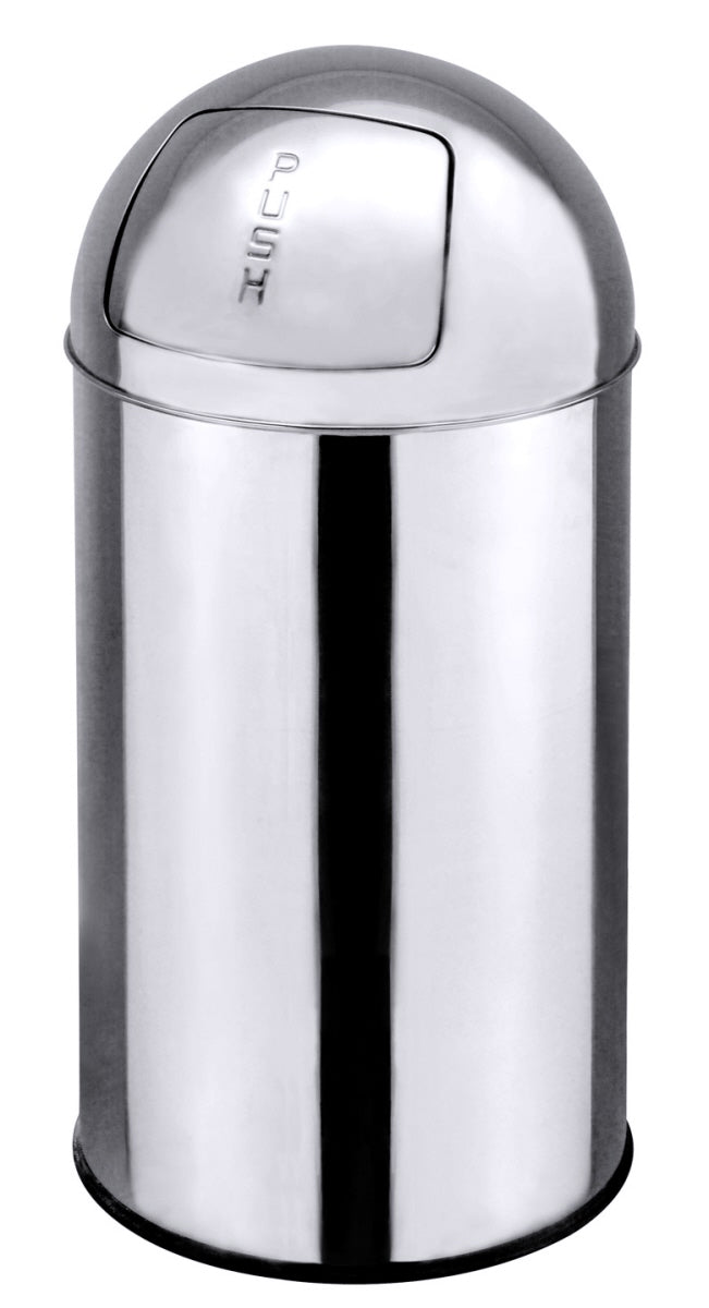 Silberner Mülleimer mit Push-Deckel.