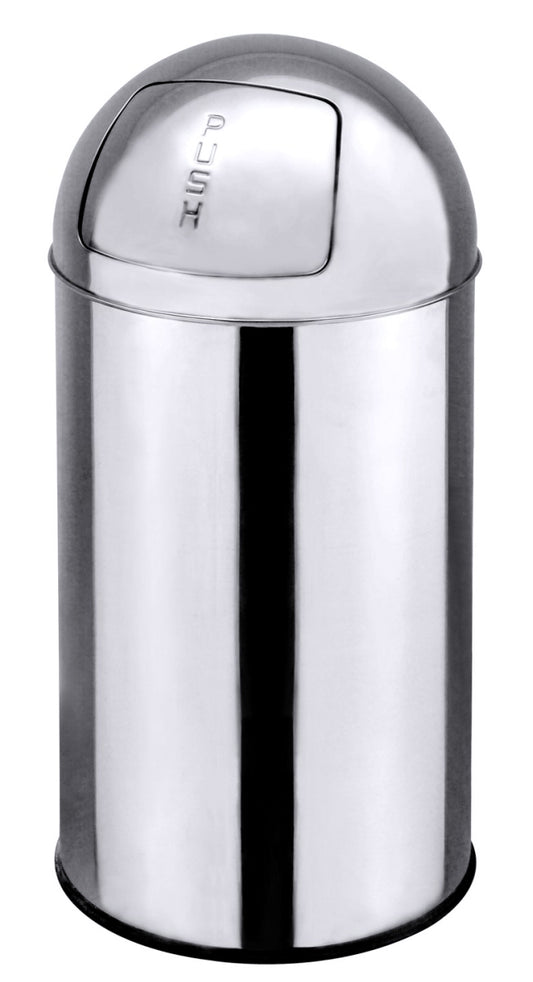 Silberner Mülleimer mit Push-Deckel.
