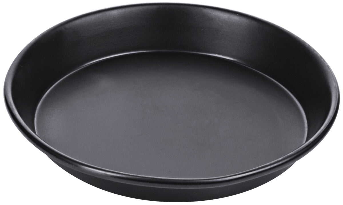 Schwarze runde Backform aus Metall.