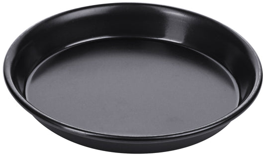 Schwarze runde Backform aus Metall.