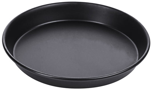 Schwarzes rundes Serviertablett aus Metall.