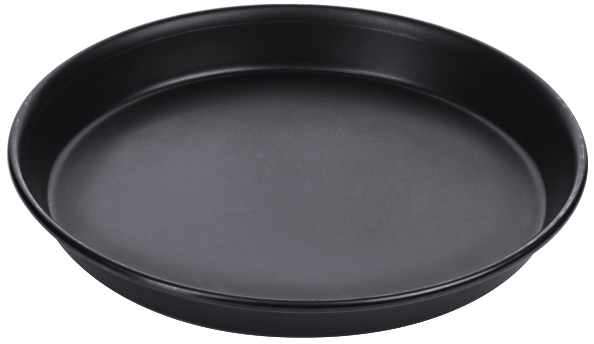 Schwarzes rundes Serviertablett aus Kunststoff.