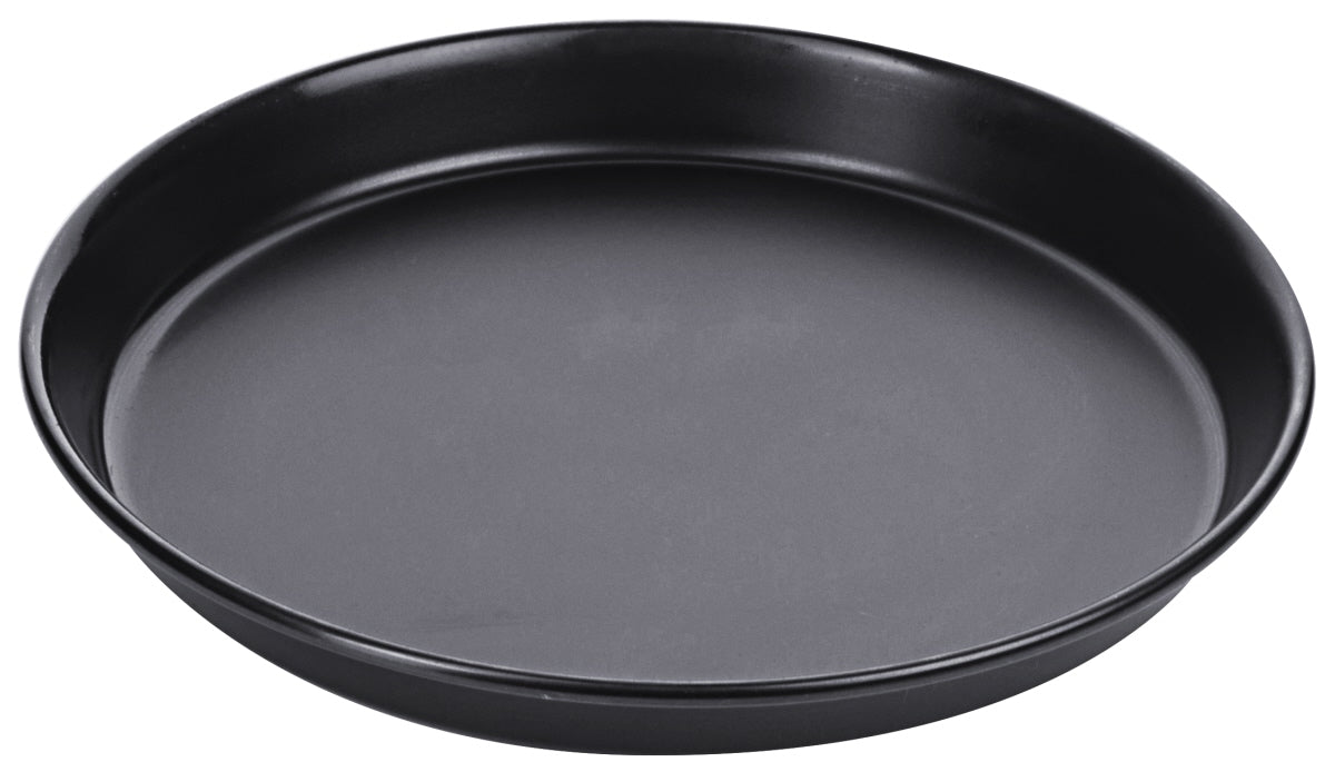 Schwarzes rundes Serviertablett aus Metall.