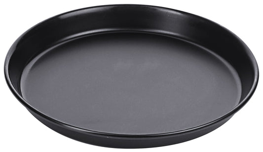 Schwarzes rundes Serviertablett aus Metall.