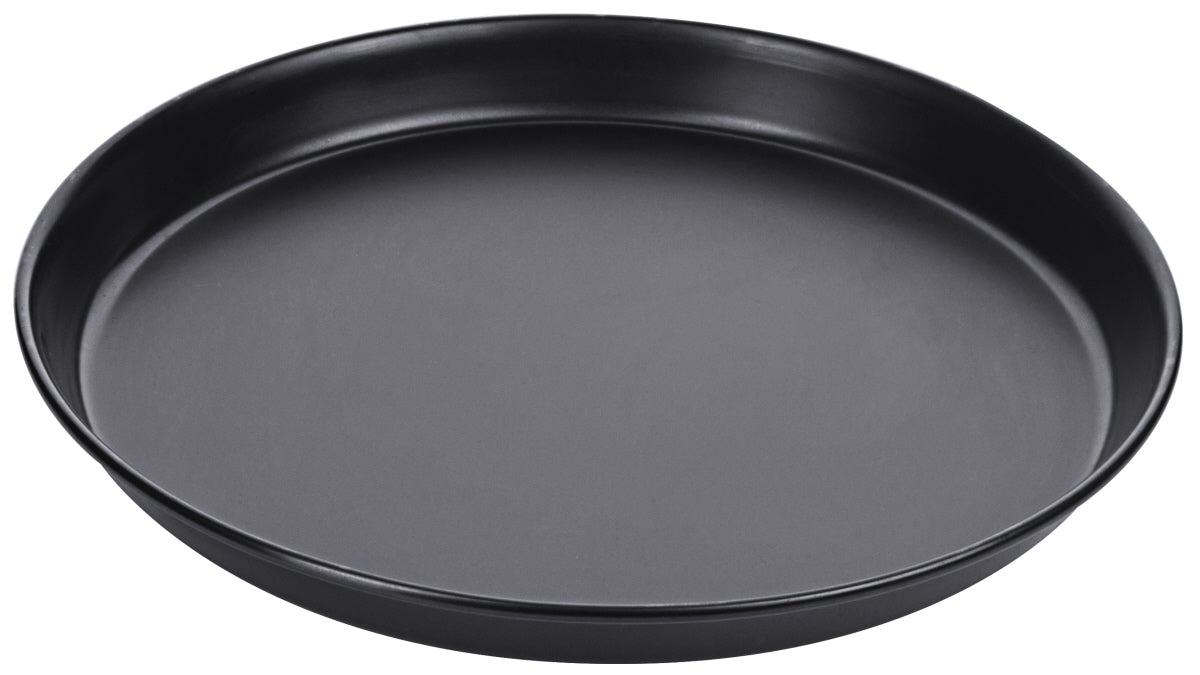 Schwarzes rundes Serviertablett aus Metall.