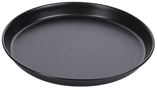 Schwarzes rundes Serviertablett aus Metall.