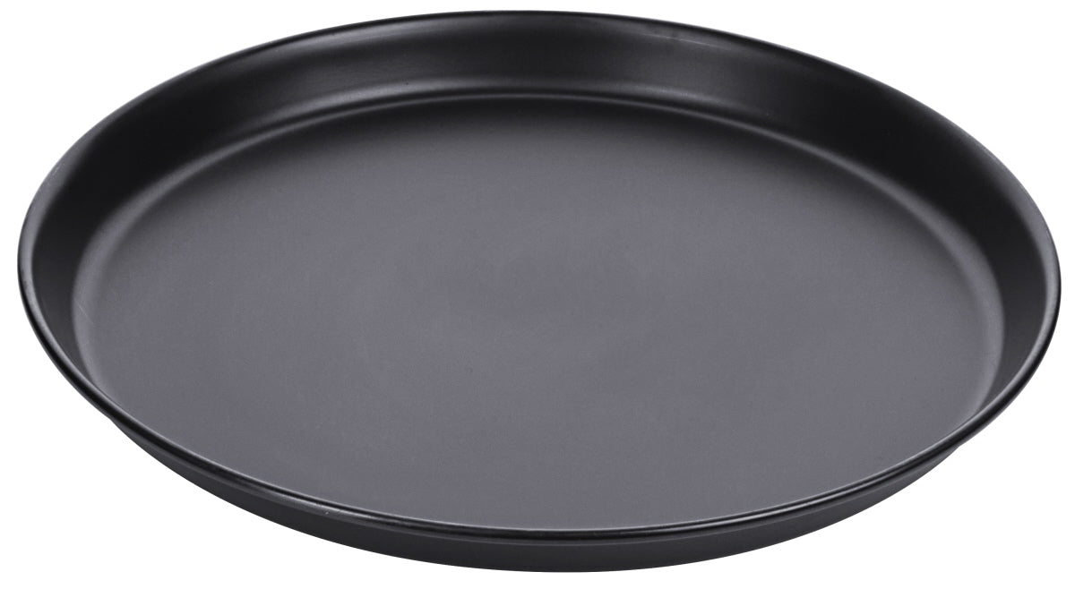 Schwarzes, rundes Serviertablett.