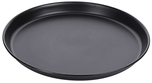 Schwarzes, rundes Serviertablett.