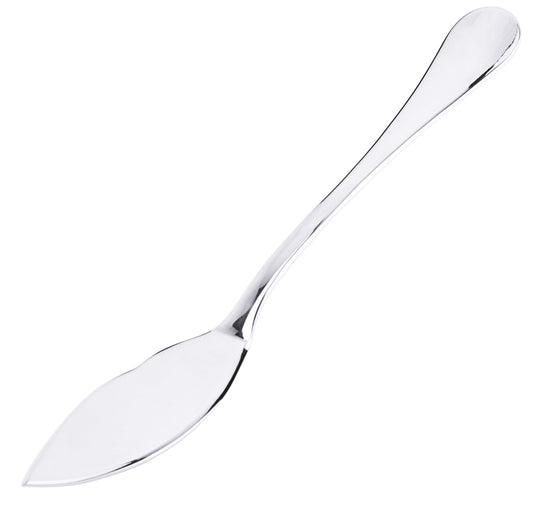 Silberner Fischmesser auf weißem Hintergrund.