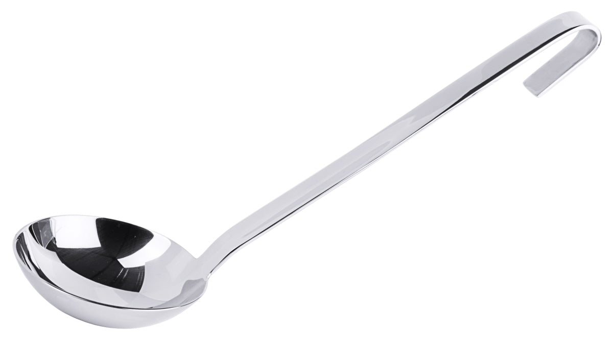 Silberne Suppenkelle mit Haken.