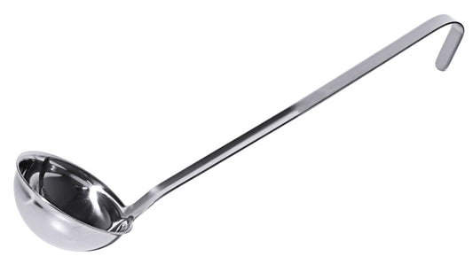 Suppenkelle aus Edelstahl, gebogen.