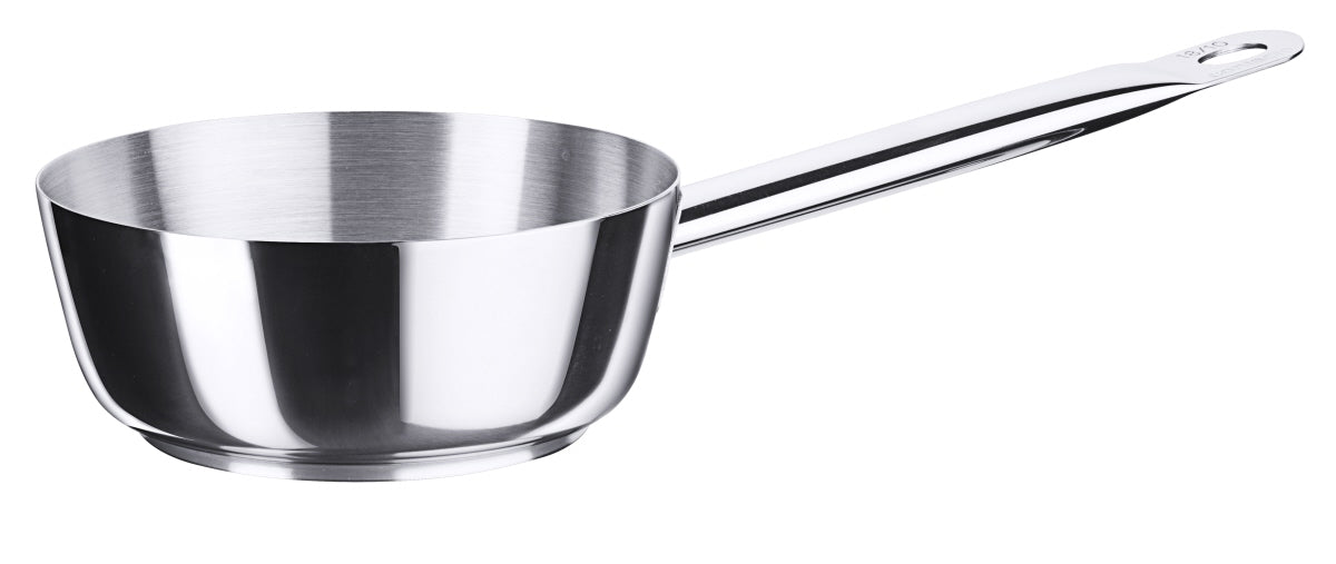 Edelstahlkasserolle mit langem Griff.